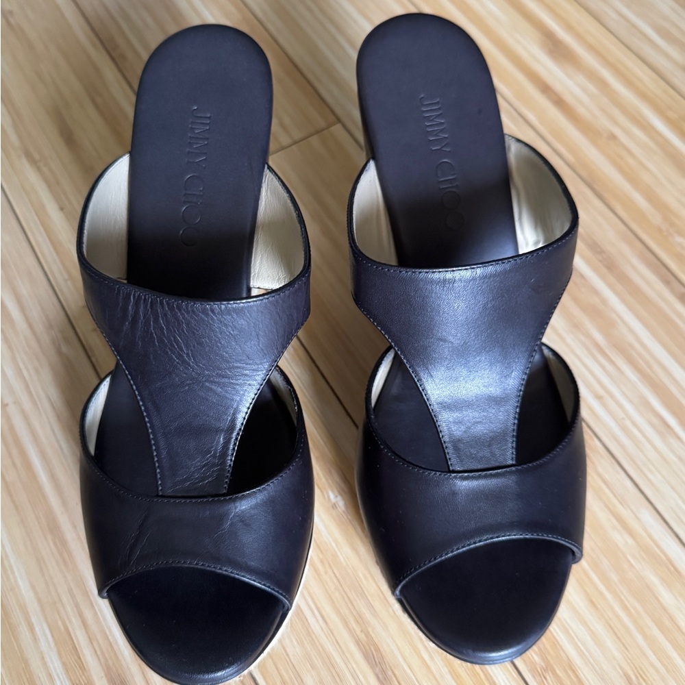 Jimmy Choo Black Leather Espadrille Wedges Sandals 40.5 10.5